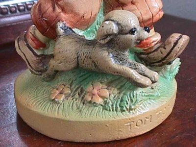 We Have Your Collectibles - Vintage Chalkware Nursery Rhyme Figurine Tom the Piper's Son ~ Cute Pig & Dog Too : nursery rhyme collectible dog figurine pig